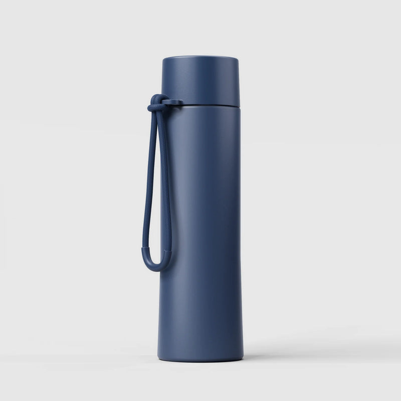 Blue reusable water bottle with leak-proof lid and carry handle