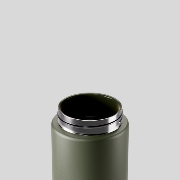 Khaki reusable water bottle with wrist strap and leak-proof lid