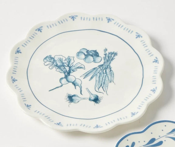 Maison Bleue Side Plate Vegetables featuring scalloped edges and illustrated vegetable motif