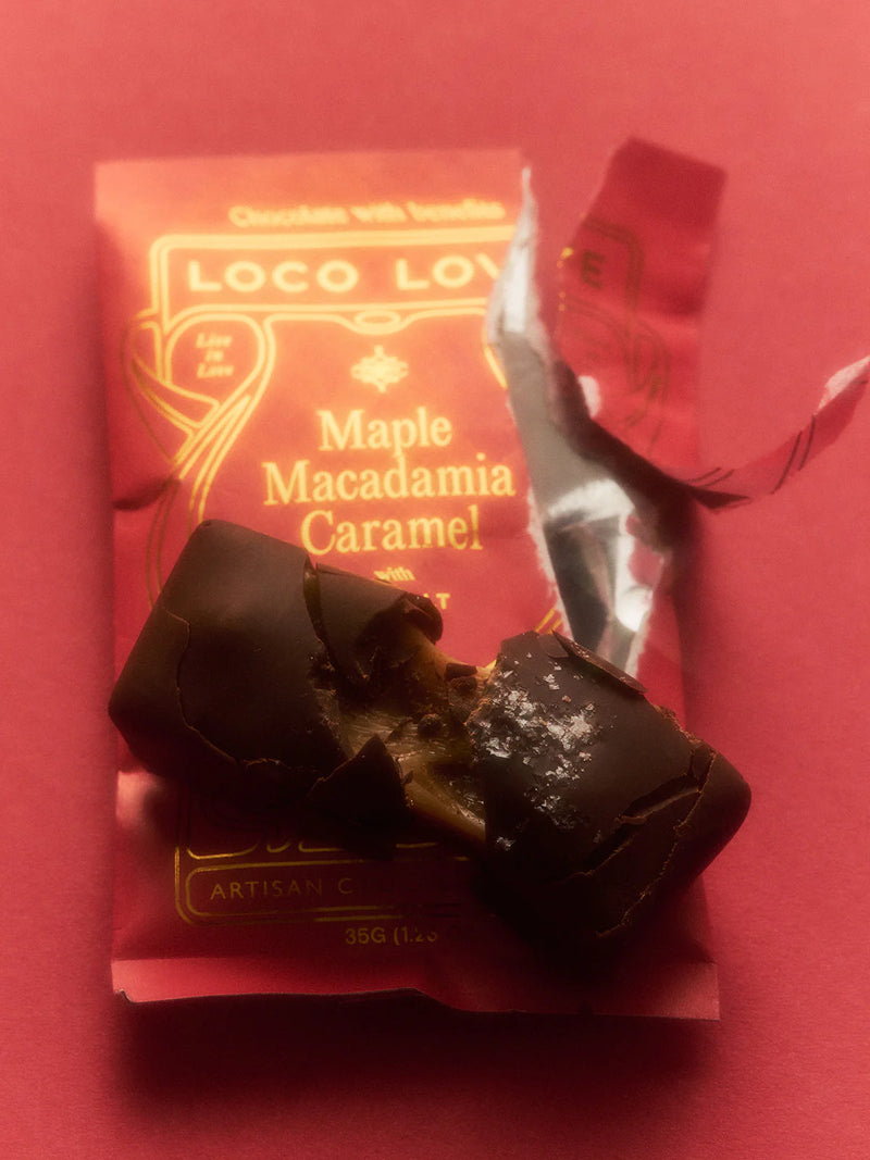Macadamia caramel coated in rich dark cacao
