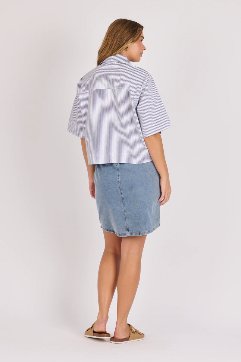 Short sleeve cotton blend overshirt in blue stripe