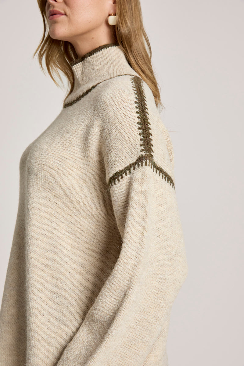 Close up of olive detail on Orin Knit jumper