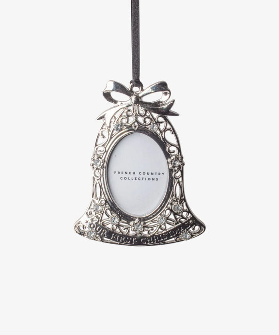 Baby first Christmas photo frame ornament with bell-shaped design 