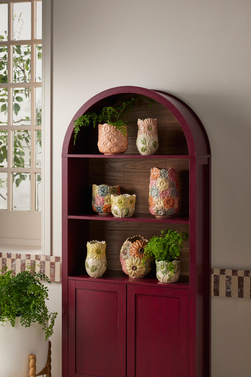 Decorative green stoneware indoor plant pot with petal detailing