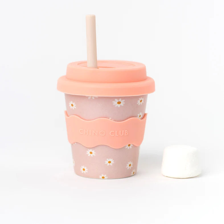 Pink Daisy Babychino Cup 4oz reusable kids cup with silicone lid