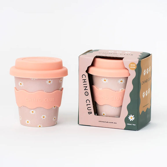 120mL pink floral babychino cup with daisy print and grip band