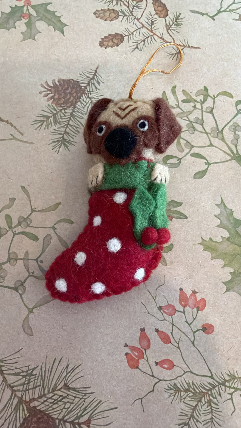 Pug in stocking handmade felt Christmas decoration