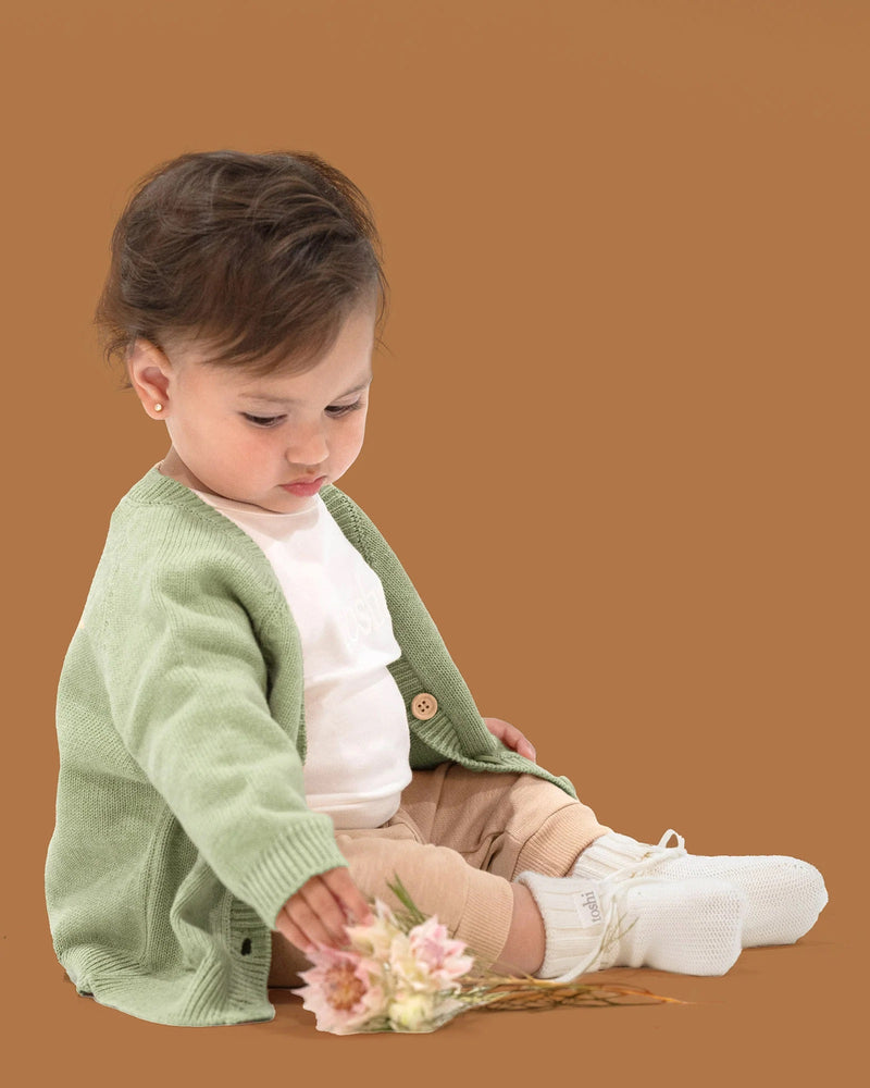 Organic cotton baby cardigan with wooden buttons & pockets