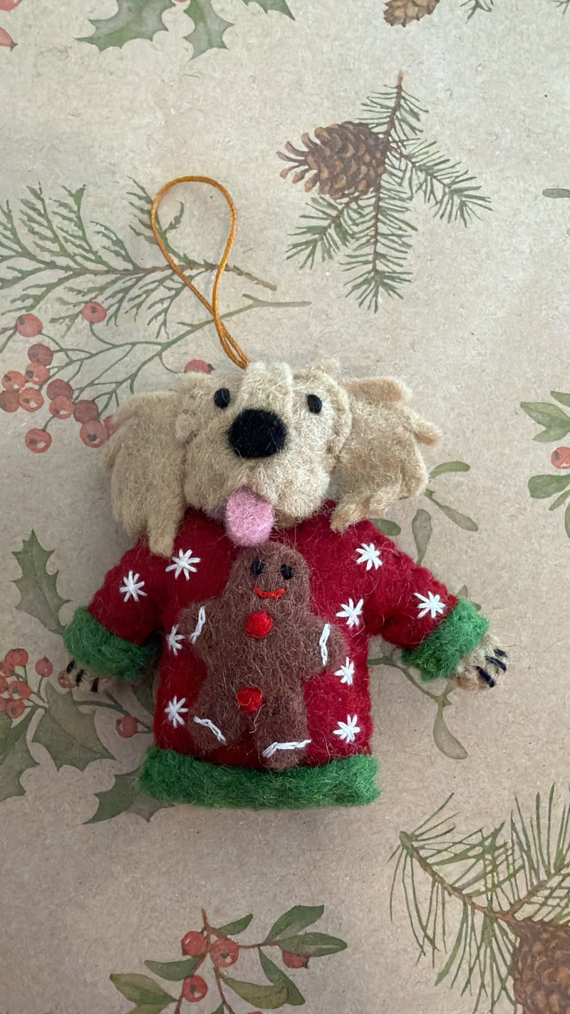 Wool felt Retriever Christmas tree ornament wearing sweater