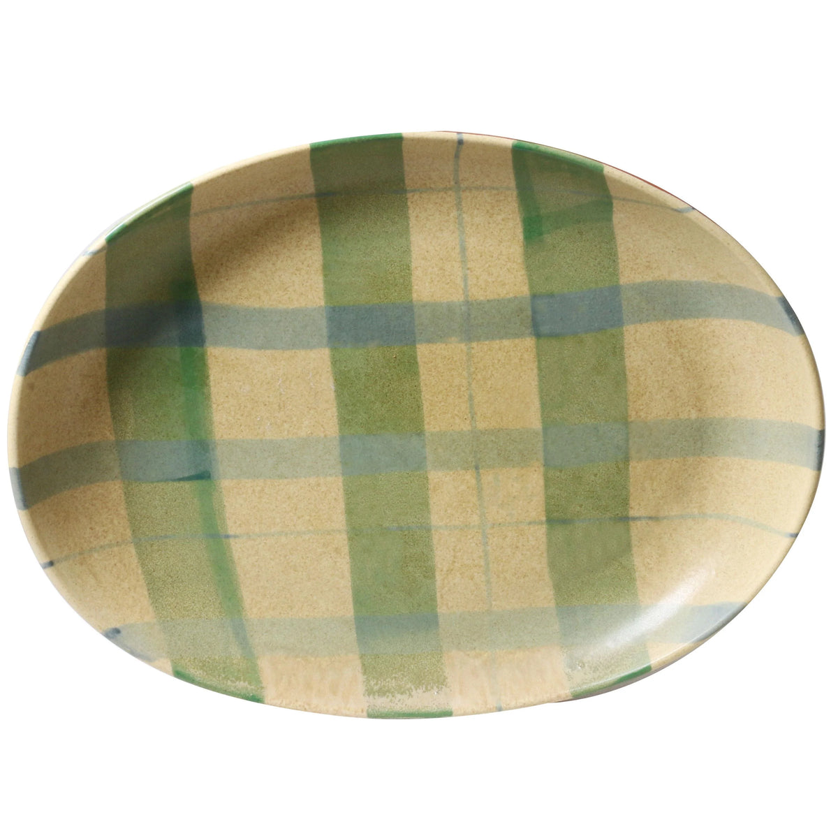 Large stoneware Christmas serving platter with cinnamon tartan design