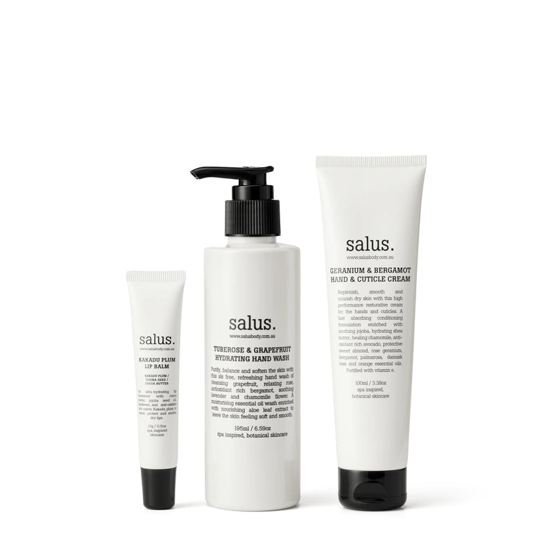 Australian made Salus three piece hand and lip care set