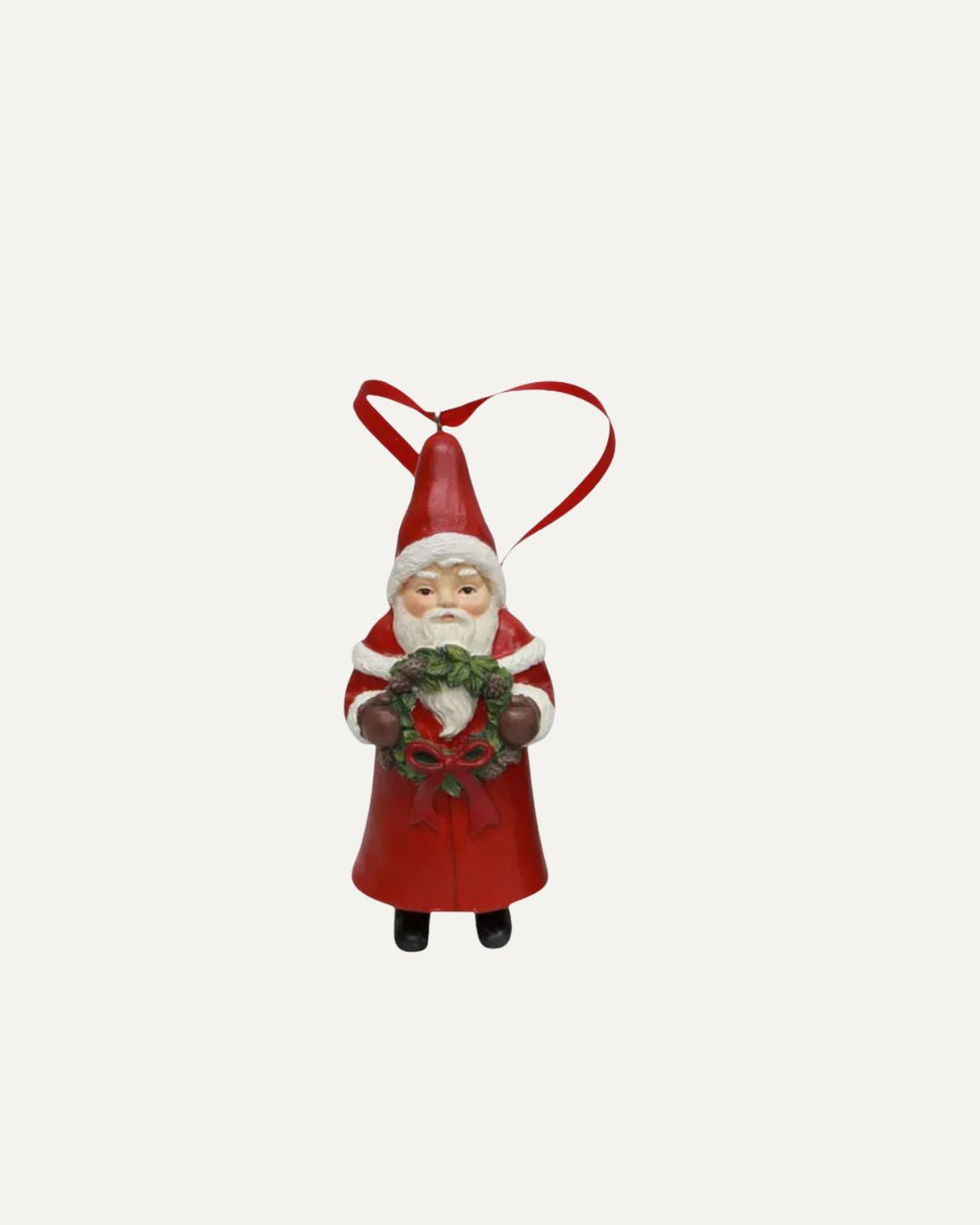 Red Santa hanging ornament with festive green wreath