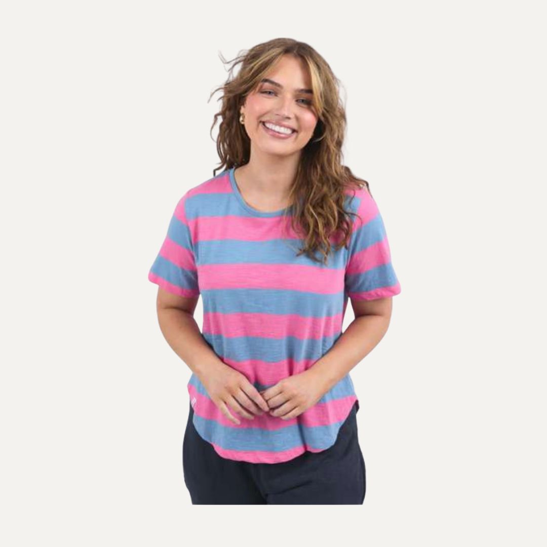 Spritz Stripe Tee – women’s short sleeve cotton T-shirt in dusk blue & pink