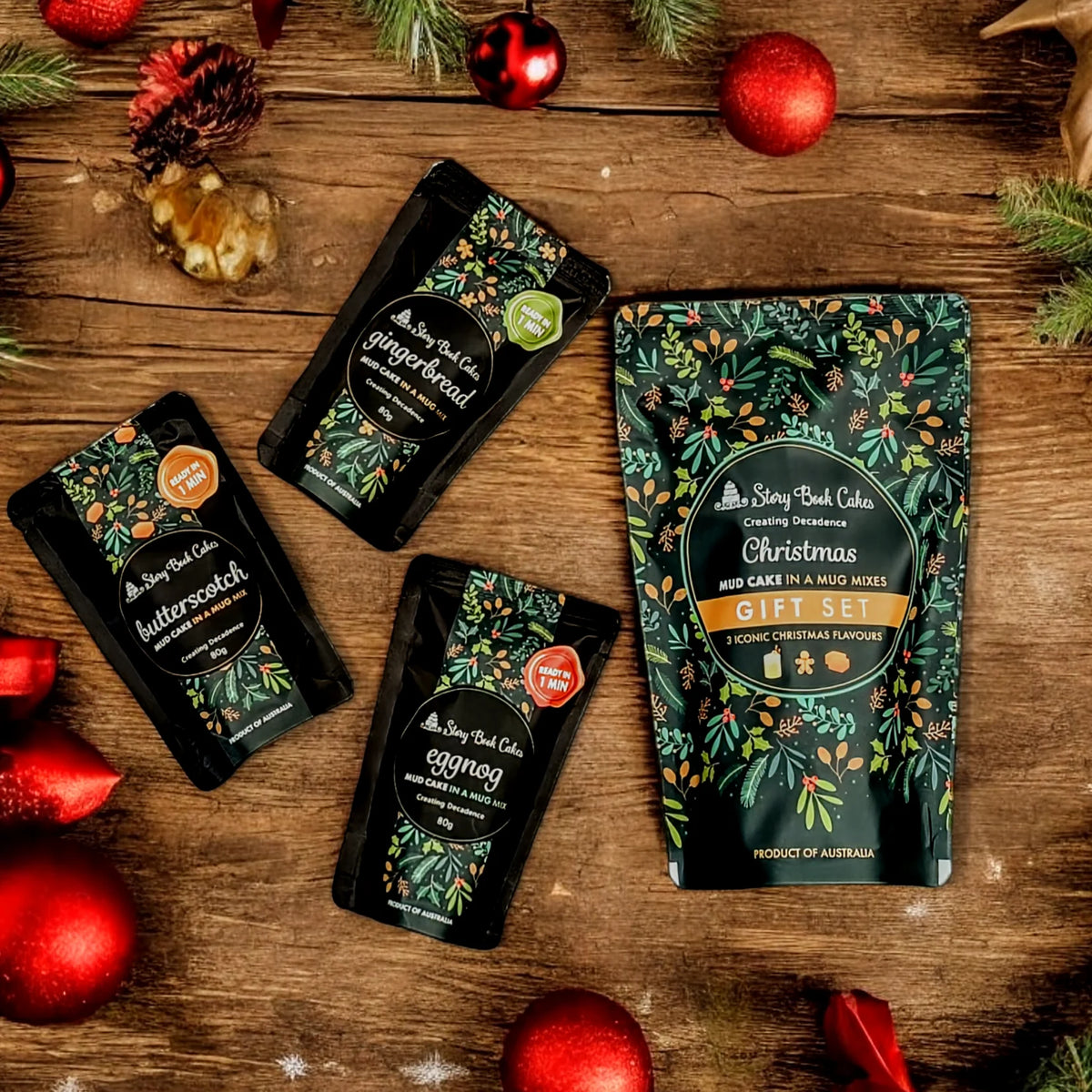 Story Book Cakes Christmas Flavours Mud Cake in a Mug Gift Bag 3 pack. Australian Christmas mug cake gift set with butterscotch gingerbread and eggnog.
