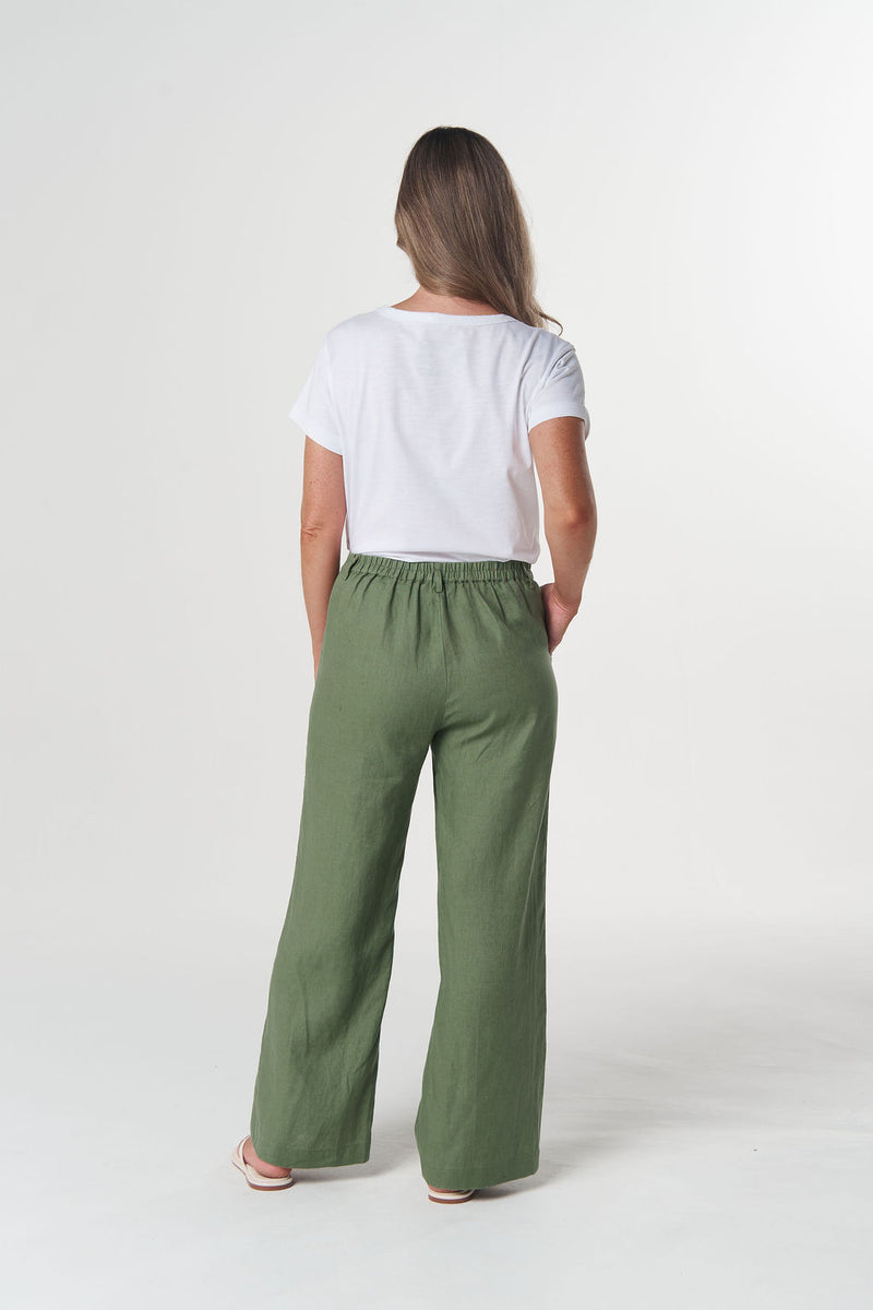 Goondiwindi Cotton Cedar Green tailored linen pants styled on model