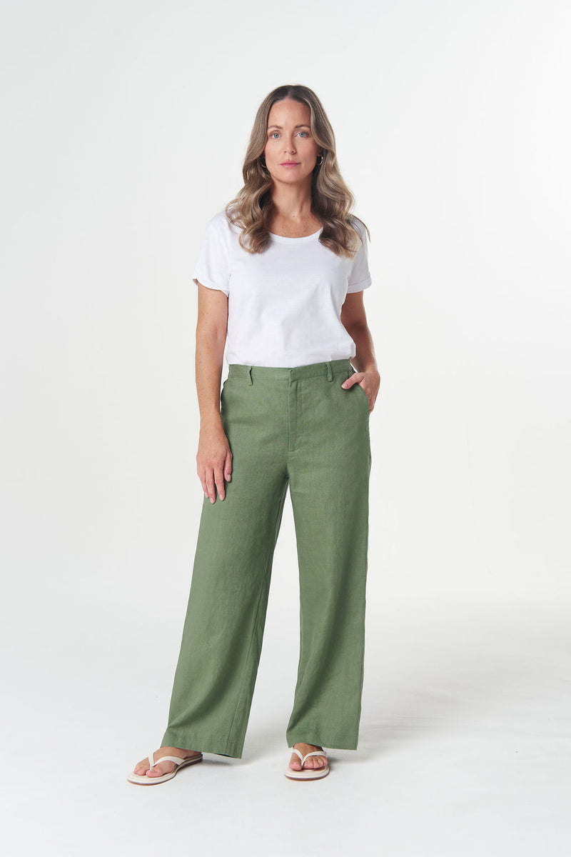 Goondiwindi Cotton Tailored Straight Leg Linen Pant in Cedar Green