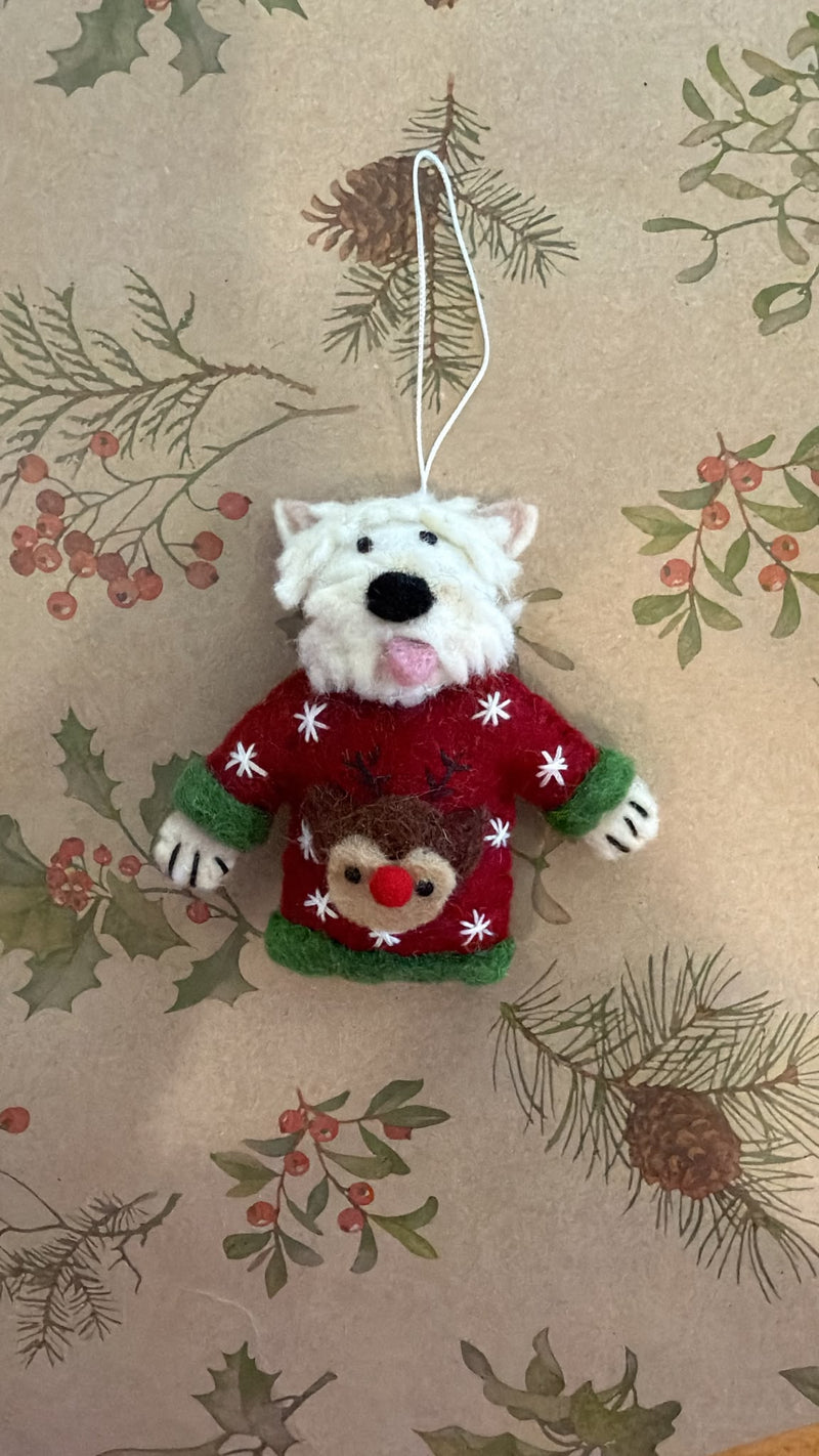 Westie in sweater handmade felt Christmas decoration