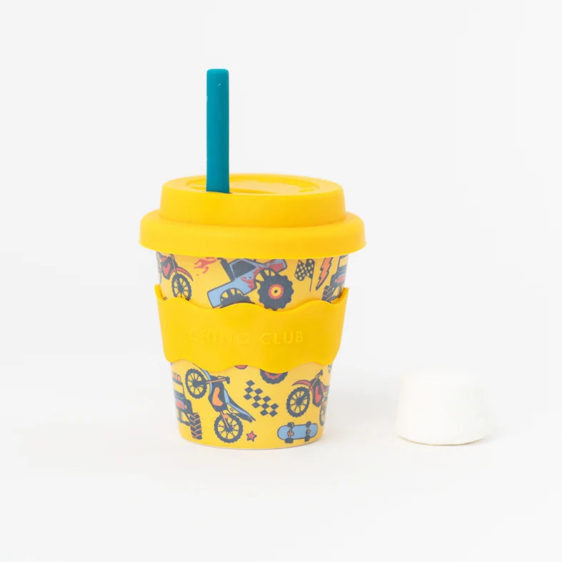Wheelies Babychino Cup 4oz with monster trucks skateboards and motorbikes