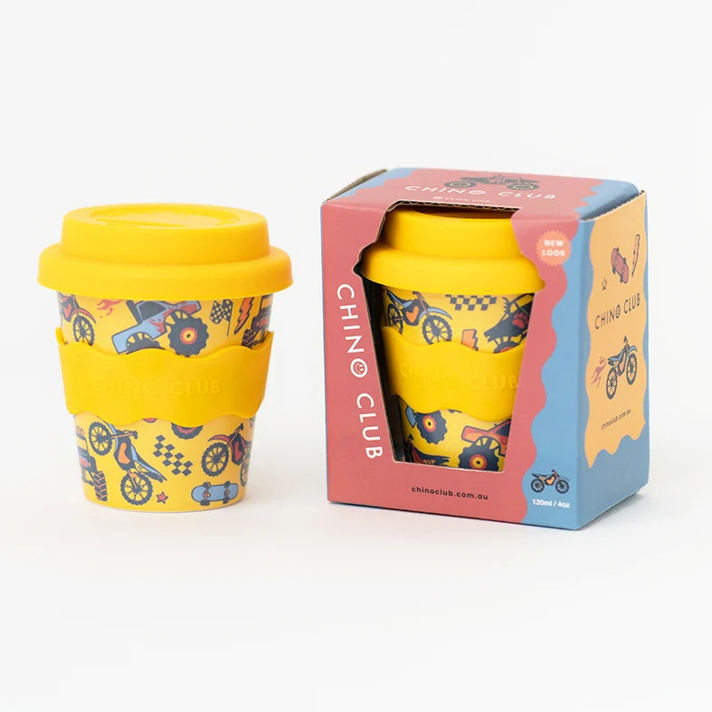 120mL reusable kids cup with silicone lid and Wheelies print