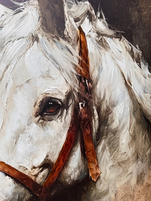 Large white horse wall art with light natural frame