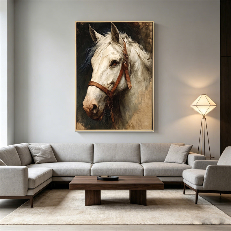Close-up white horse head artwork in brushed canvas style