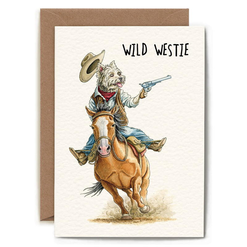 Wild Westie Card – Westie dog cowboy riding a horse illustration