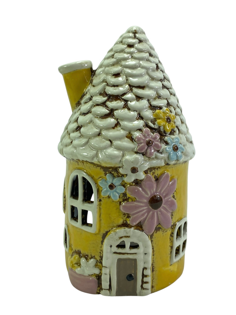 Yellow ceramic Daisy Cottage tealight holder with flowers