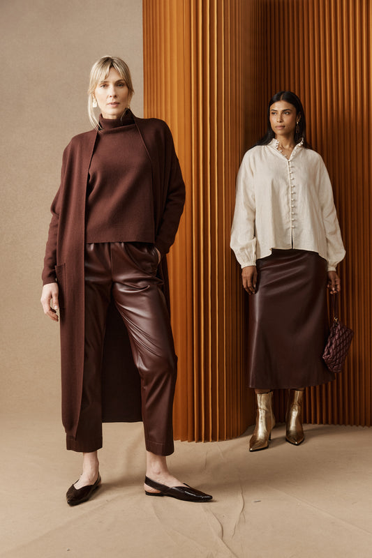 styled shot of Zala Cardigan in mahogany