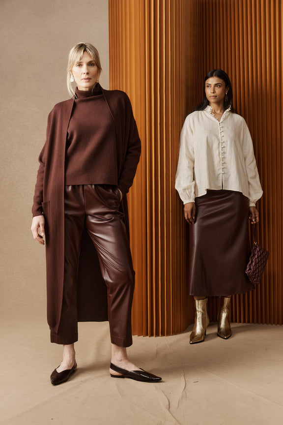 styled shot of Zala Cardigan in mahogany