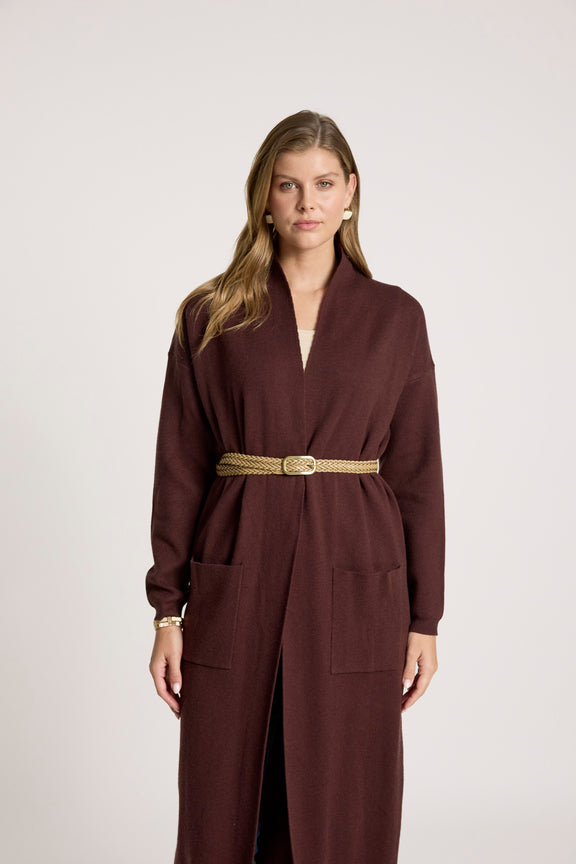 Zala cardigan styled with a belt