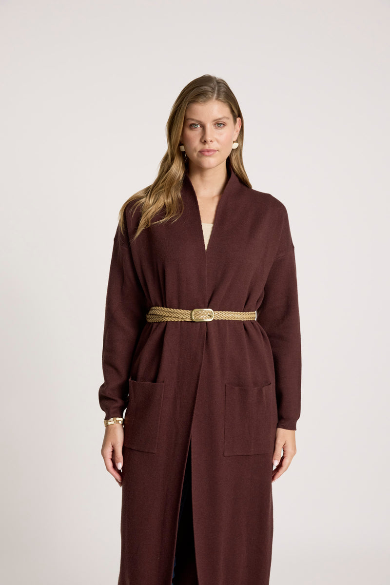 Zala cardigan styled with a belt